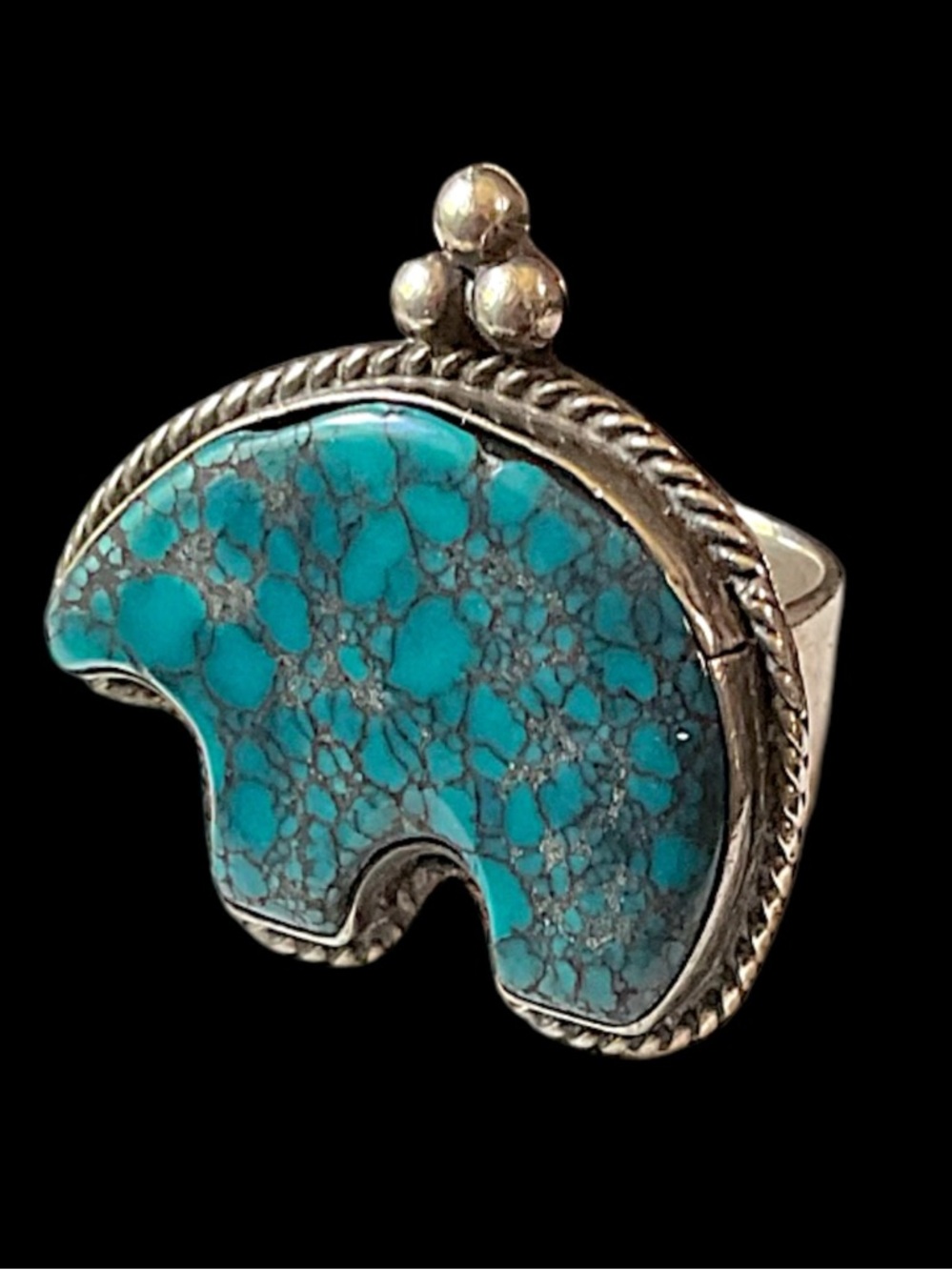 Vintage Adjustable Sterling Silver Artisan Turquoise Bear Ring Southwestern